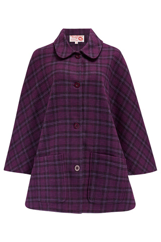 *Exclusive Limited Edition* The "Dixie Cape" in Woven Purple Check, 100% Wool With Luxury Satin Lining, Classic Rockabilly Style