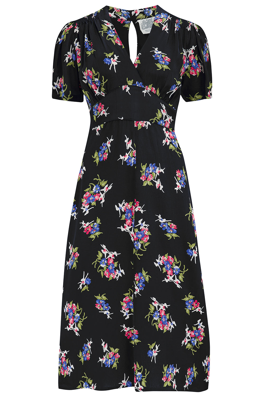 "Dolores" Swing Dress in Black Floral Dancer, A Classic 1940s Inspired Vintage Style