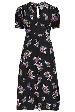 Swing-Kleid „Dolores“ im schwarzen Blumentanz-Stil, ein klassischer, von den 1940er Jahren inspirierter Vintage-Stil