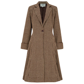 The Elizabeth Coat in Brown Houndstooth, 100% Wool & Satin Lined. A Classic Fitted 1940s Styled Overcoat