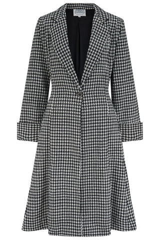 The Elizabeth Coat in Houndstooth, 100% Wool & Satin Lined. A Classic Fitted 1940s Styled Overcoat