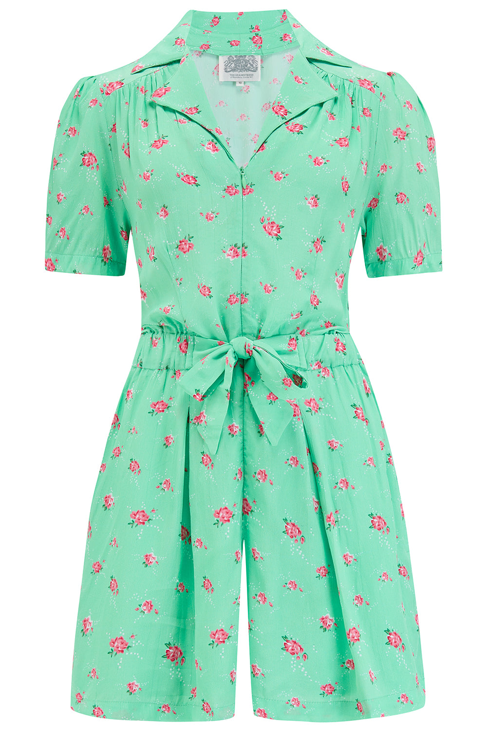 Emma Playsuit In Mint Rose Print by The Seamstress of Bloomsbury, Classic 1940s Vintage Style