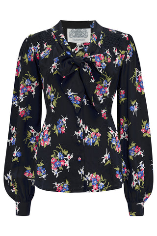 "Eva" Blouse in Black Floral Dancer, Classic 1940's Style Long Sleeve with Pussy Bow Tie Neck