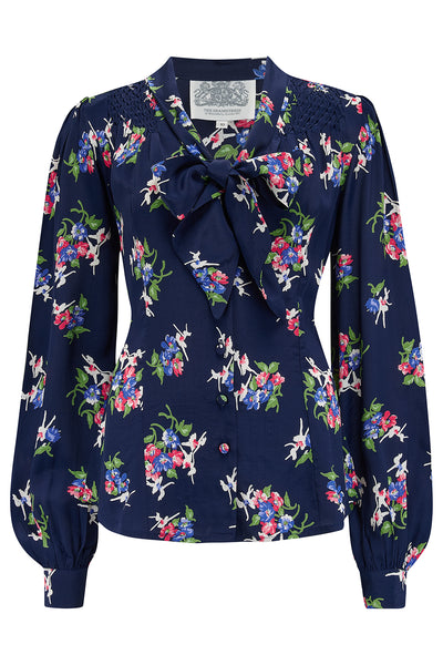 "Eva" Blouse in Navy Floral Dancer, Classic 1940's Style Long Sleeve with Pussy Bow Tie Neck