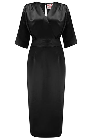 Neue RnR „Luxe“-Reihe. Das „Evelyn“ Wiggle-Kleid aus superluxuriösem Onyx-Schwarz-SATIN