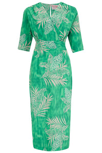 Das Wiggle-Kleid „Evelyn“ mit Smaragdpalmen-Print, echter Vintage-Stil der späten 40er und frühen 50er Jahre