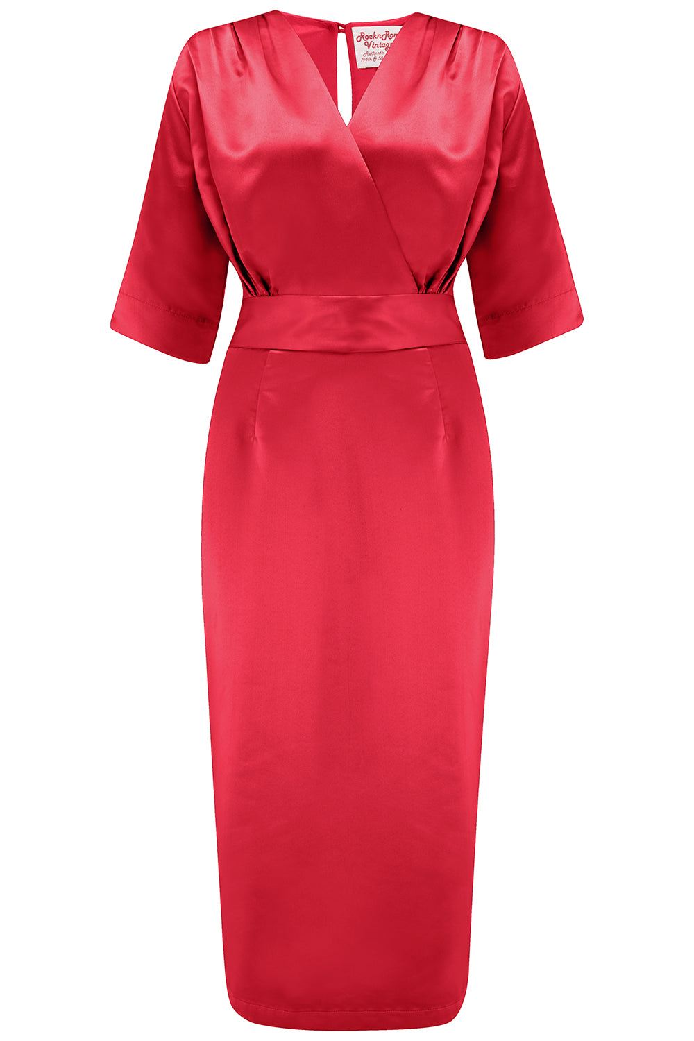 Nouvelle gamme RnR « Luxe ». La robe Wiggle « Evelyn » en SATIN Rouge Écarlate Super Luxueux