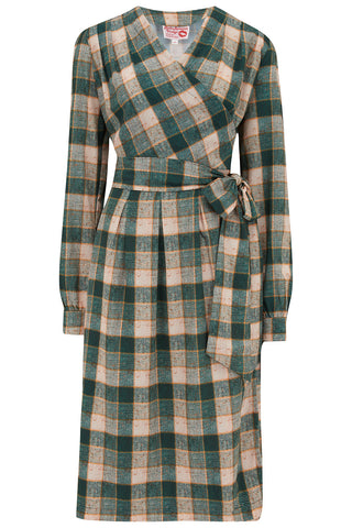 **Sample Sale** The "Evie" Long Sleeve Wrap Dress in Green Check Print, True & Authentic Late 1940s Early 1950s Vintage Style - True and authentic vintage style clothing, inspired by the Classic styles of CC41 , WW2 and the fun 1950s RocknRoll era, for everyday wear plus events like Goodwood Revival, Twinwood Festival and Viva Las Vegas Rockabilly Weekend Rock n Romance Rock n Romance