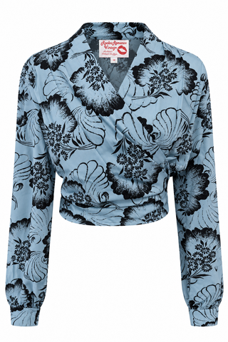 The "Darla" Long Sleeve Wrap Blouse in Midnight Waltz, True Vintage Style