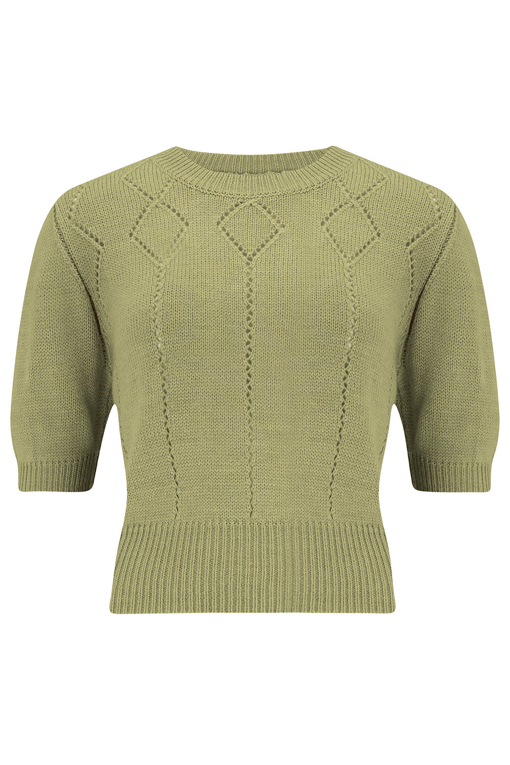 The "Frances" Short Sleeve Pullover Jumper in Sage Green, Classic 1940s & 50s Vintage Style