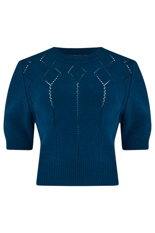 The "Frances" Short Sleeve Pullover Jumper in Peacock Blue, Classic 1940s & 50s Vintage Style