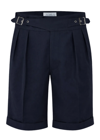 Mens Gurkha Buckle Shorts In Navy, Classic 1940s Inspired Style.