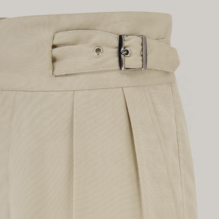 Mens Gurkha Buckle Shorts In Stone, Classic 1940s Inspired Style.