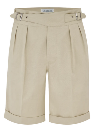 Mens Gurkha Buckle Shorts In Stone, Classic 1940s Inspired Style.