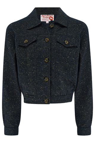The "Girl Next Door" Ladies Ricky Jacket in Navy Fleck, 100% Wool .. Rockin 1950s Style