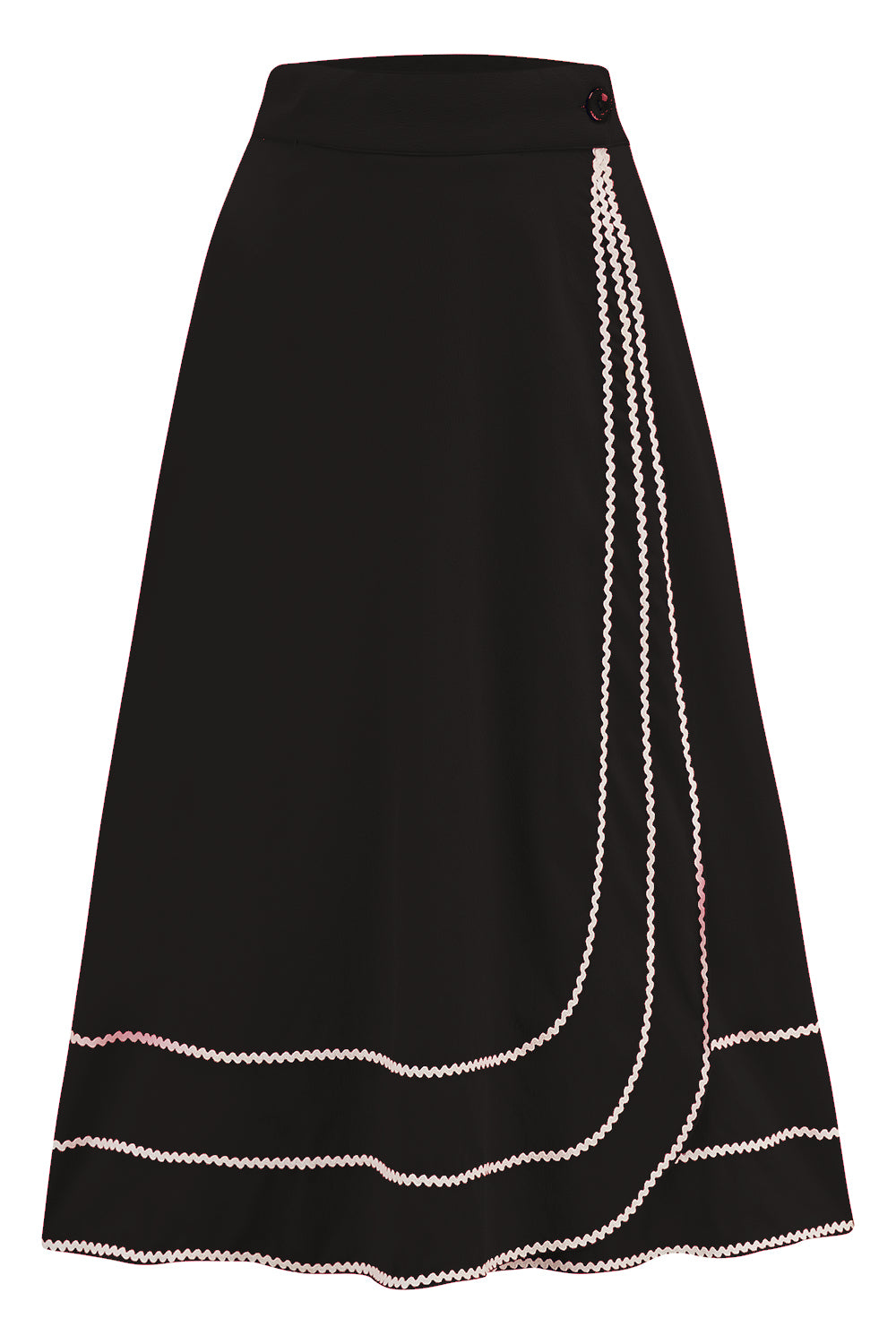 The "Glynis" Wrap Around Circle Skirt with Pockets in Black with Ivory Ric Rac, True & Authentic 1950s Vintage Style