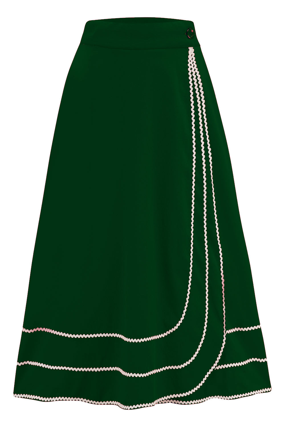 The "Glynis" Wrap Around Circle Skirt with Pockets in Green with Ivory Ric Rac, True & Authentic 1950s Vintage Style
