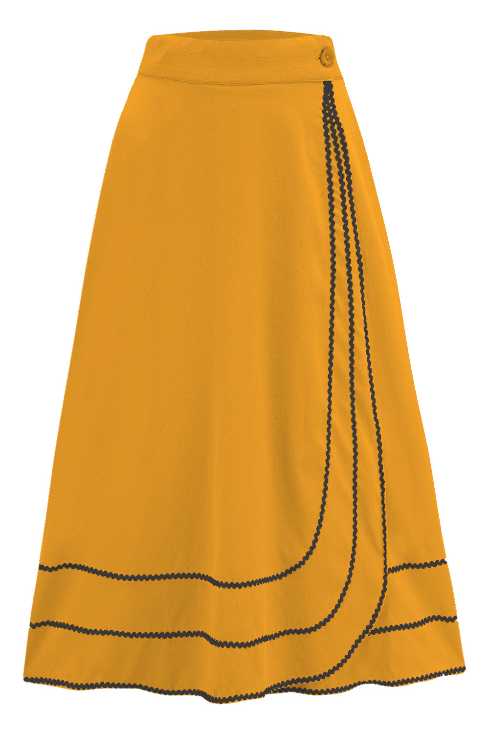 The "Glynis" Wrap Around Circle Skirt with Pockets in Mustard with Black Ric Rac, True & Authentic 1950s Vintage Style