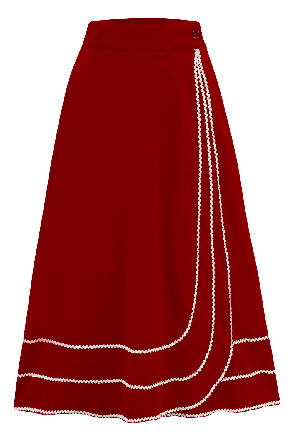 The "Glynis" Wrap Around Circle Skirt with Pockets in Wine with Ivory Ric Rac, True & Authentic 1950s Vintage Style
