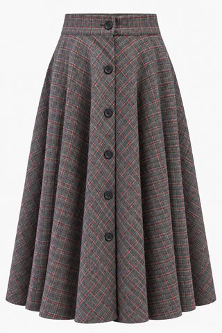 RnR "Luxe" Range "Beverly" Button Front Full Circle Skirt with Pockets, Grey & Red Check, 100% Wool, True 1940s Vintage Style (Wool No.105)
