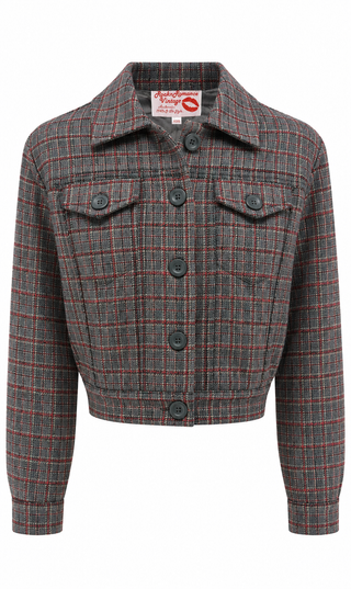 The "Girl Next Door" Ladies Ricky Jacket in Grey and Red Check, 100% Wool .. Rockin 1950s Style (Ref.No 105)