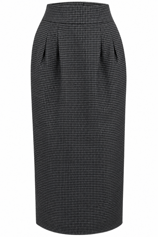 RnR "Luxe" Range "Jitterbug" Pencil Skirt with Kick-Pleat in Grey and Black Houndstooth, 100% Cotton, Iconic 1950s Vintage Style