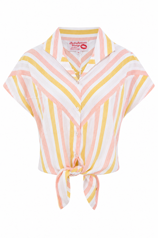 **Limited Edition** The "Maisy" Tuck in or Tie Up Blouse in Peach & Sunflower Stripe, 100% Cotton