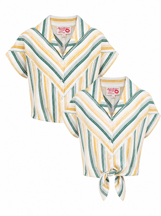 **Limited Edition** The "Maisy" Tuck in or Tie Up Blouse in Green & Yellow Stripe, 100% Cotton