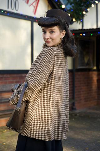 Swing Jacket in Brown Houndstooth, Vintage 1940s Cape Style Inspired Over Coat