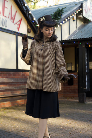 Swing Jacket in Brown Houndstooth, Vintage 1940s Cape Style Inspired Over Coat