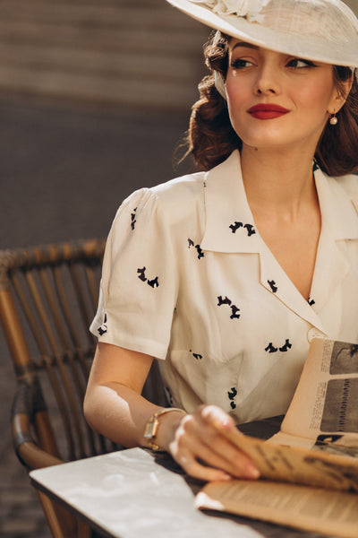 "Grace" Blouse in Cream Doggy Print, Classic 1940s Vintage Style - CC41, Goodwood Revival, Twinwood Festival, Viva Las Vegas Rockabilly Weekend Rock n Romance The Seamstress Of Bloomsbury