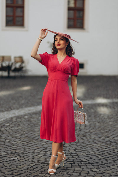 "Dolores" Swing Dress in Raspberry, A Classic 1940s Inspired Vintage Style