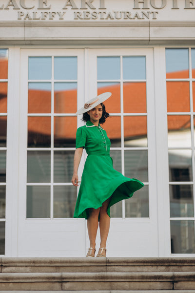 "Mae" Tea Dress in Apple Green with Cream Contrasts, Classic 1940s Vintage Style
