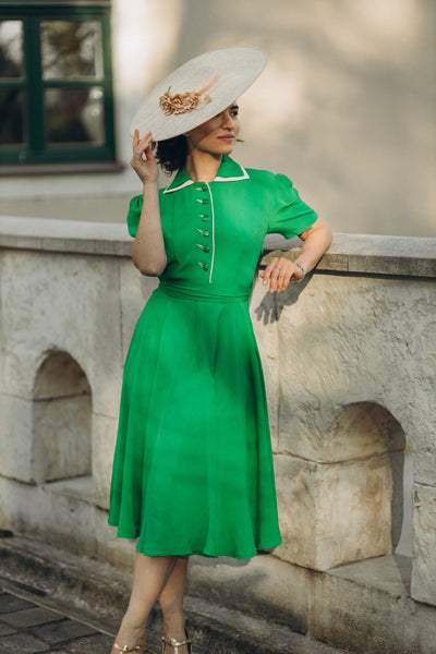 "Mae" Tea Dress in Apple Green with Cream Contrasts, Classic 1940s Vintage Style - CC41, Goodwood Revival, Twinwood Festival, Viva Las Vegas Rockabilly Weekend Rock n Romance The Seamstress Of Bloomsbury