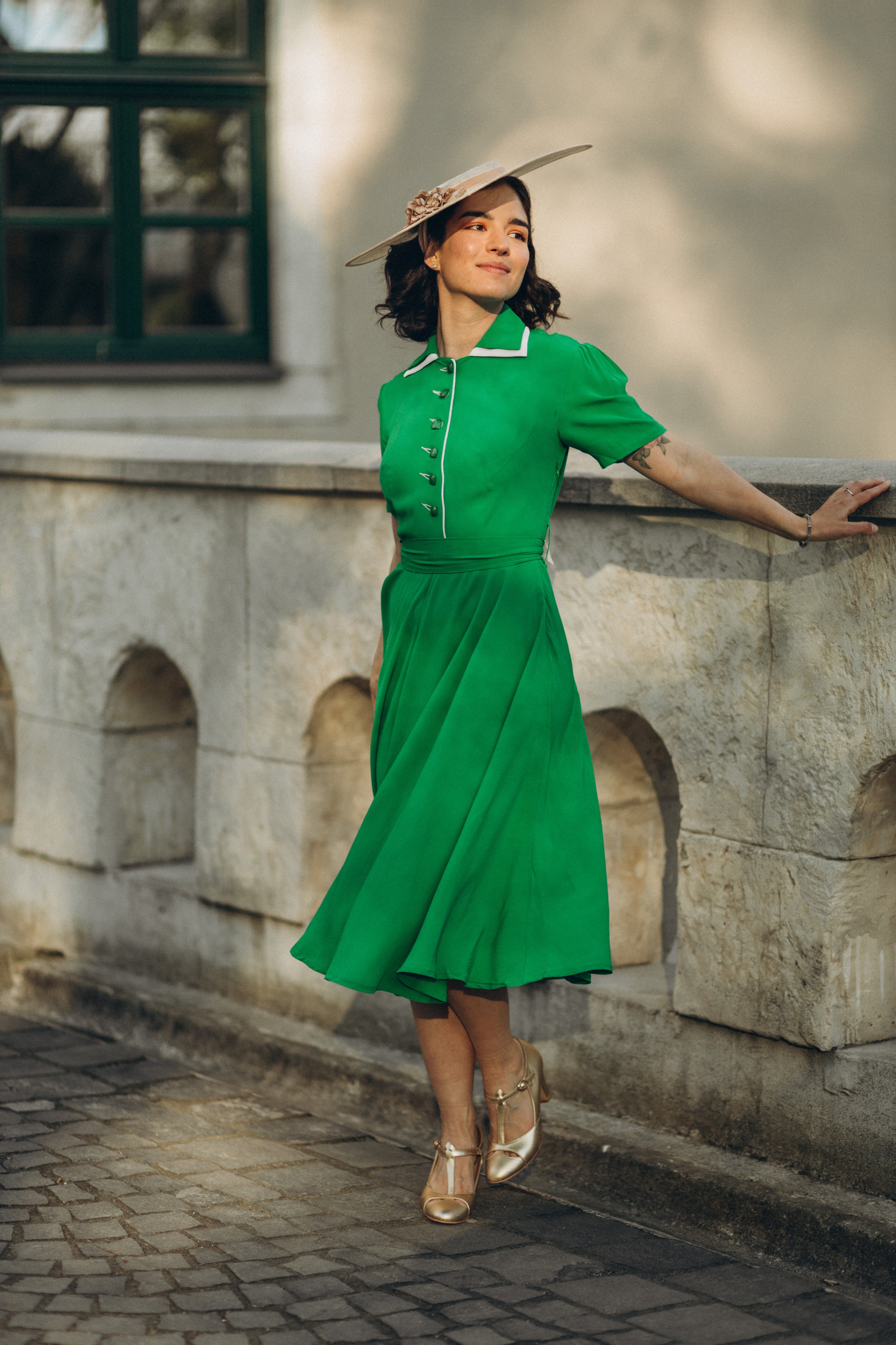 "Mae" Tea Dress in Apple Green with Cream Contrasts, Classic 1940s Vintage Style "Mae" Tea Dress in Apple Green with Cream Contrasts, Classic 1940s Vintage Style