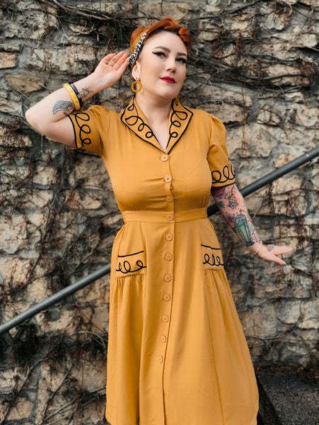 The "Loopy-Lou" Shirtwaister Dress in Mustard with Contrast Black RicRac, True 1950s Vintage Style
