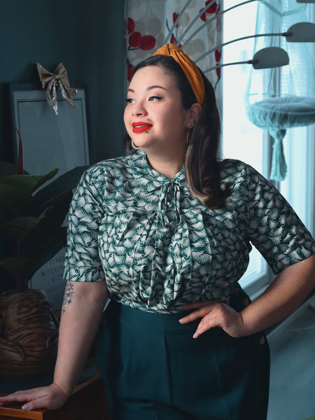 The "Elsie" Blouse in Green Whisp Print, True Authentic 1950s Style