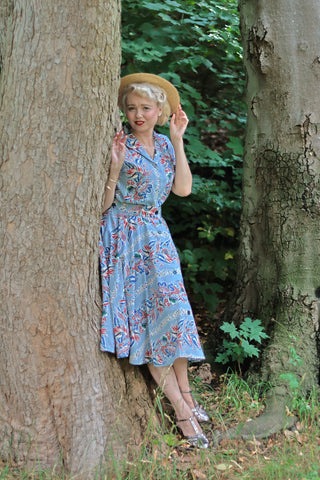 The "Beverly" Button Front Full Circle Skirt with Pockets in Polynesia Print, True 1950s Vintage Style