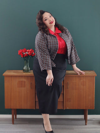 The "Be-Bop" Semi-Cropped, 3/4 Sleeve Jacket in Black & Red Small Check, 100% Wool .. Classic Early 50s Style (Wool No.9)