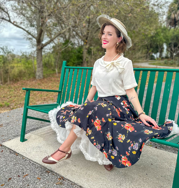 "Isabelle" Skirt in Black Mayflower, Classic & Authentic 1940s Vintage Inspired Style