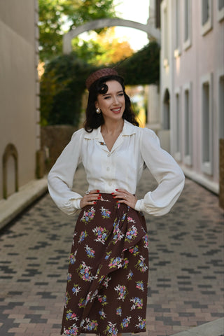 Deanna Sarong Skirt In Brown Floral Dancer , Classic & Authentic 1940s True Vintage Inspired Style By The Seamstress of Bloomsbury