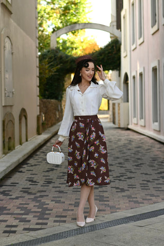 Deanna Sarong Skirt In Brown Floral Dancer , Classic & Authentic 1940s True Vintage Inspired Style By The Seamstress of Bloomsbury