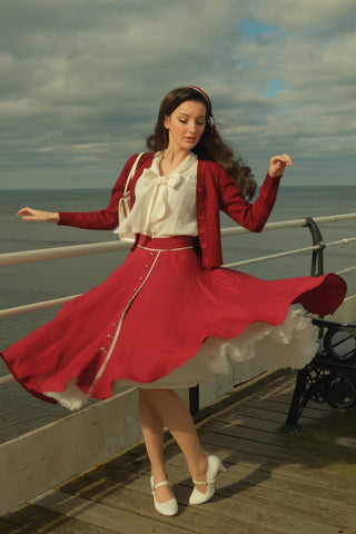 1940s Style "Rita" Swing Skirt in Wine with Ivory Detailing, Classic 1940s Style
