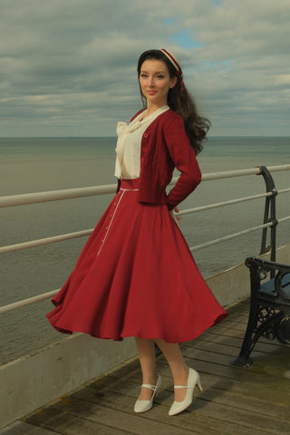1940s Style "Rita" Swing Skirt in Wine with Ivory Detailing, Classic 1940s Style