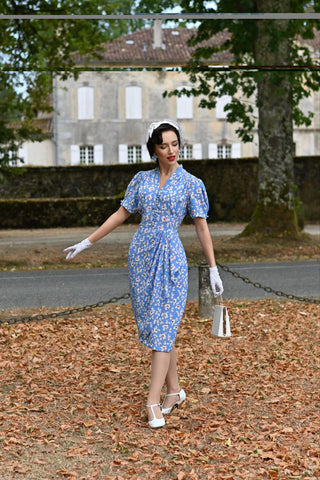 "Mabel" Waterfall Dress in Palace Blue Pansy Print, A Classic 1940s Inspired Vintage Style By The Seamstress of Bloomsbury