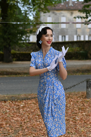 "Mabel" Waterfall Dress in Palace Blue Pansy Print, A Classic 1940s Inspired Vintage Style By The Seamstress of Bloomsbury