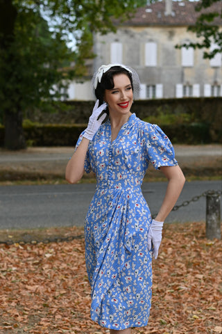 "Mabel" Waterfall Dress in Palace Blue Pansy Print, A Classic 1940s Inspired Vintage Style By The Seamstress of Bloomsbury