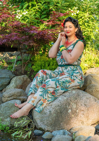 The "Marcie" Jump Suit in Tiki Palm, Authentic 1950s Vintage Hawaiian Style