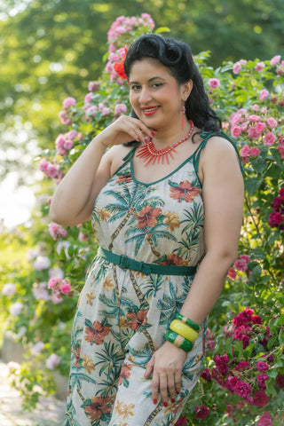 The "Marcie" Jump Suit in Tiki Palm, Authentic 1950s Vintage Hawaiian Style