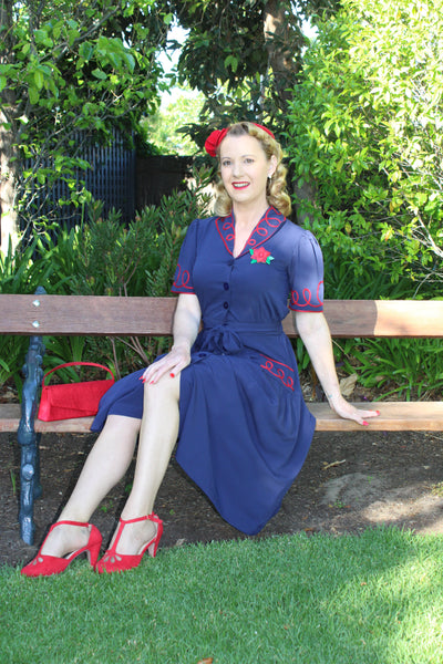 The "Loopy-Lou" Shirtwaister Dress in Navy with Contrast Red RicRac, True 1950s Vintage Style